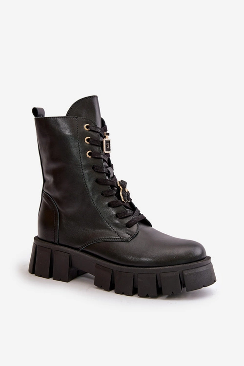 Damskie Skórzane Botki Workery Z Przypinkami CheBello 4247 Czarne