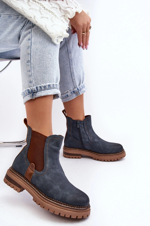 Ocieplane Damskie Botki Sztyblety Na Płaskim Obcasie Niebieskie Myrine