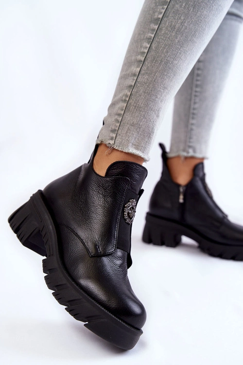 Damskie Skórzane Botki Z Ozdobą Czarne Maley