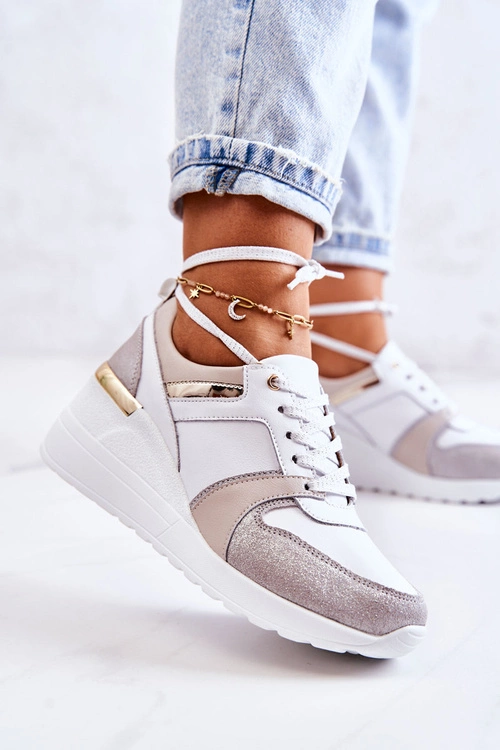 Skórzane Buty Sportowe Na Koturnie Biało-Szare Rayana