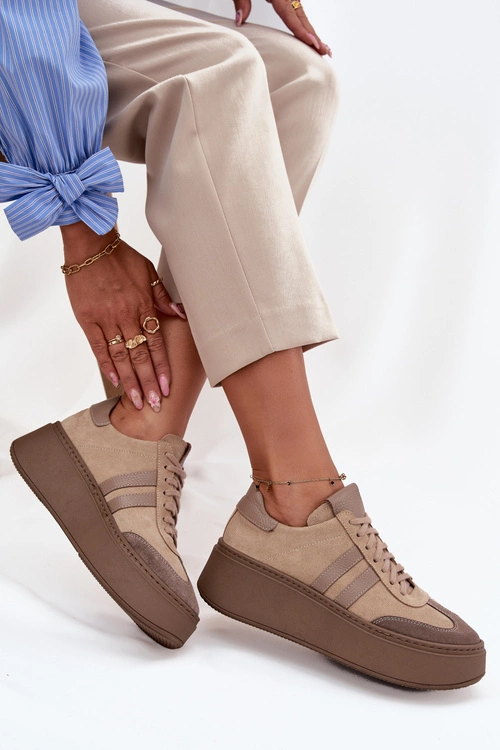 Skórzane Zamszowe Sneakersy Damskie Na Platformie Zazoo 3775 Beżowe