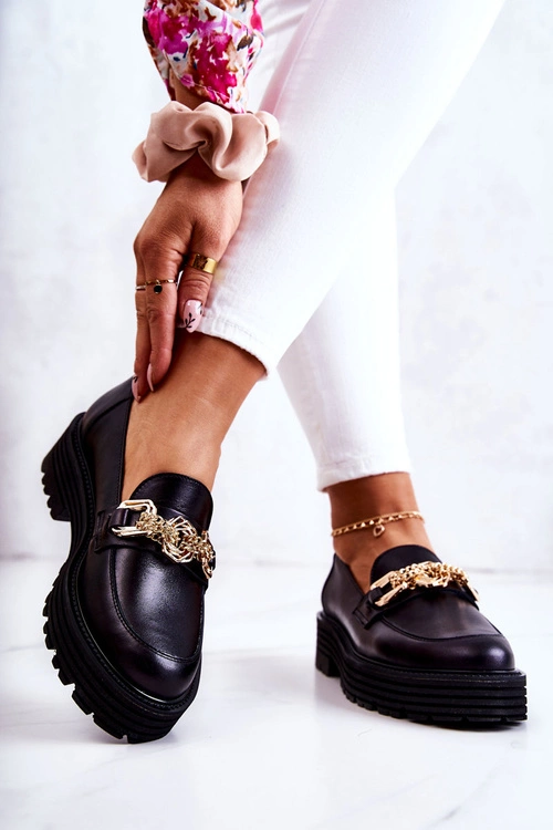 Damskie Półbuty Złota Ozdoba Skórzane Laura Messi 2383 Czarne