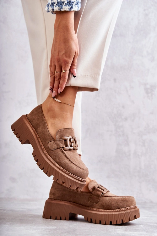 Damskie Półbuty Zamszowe Z Ozdobą Ciemnobeżowe Leeza