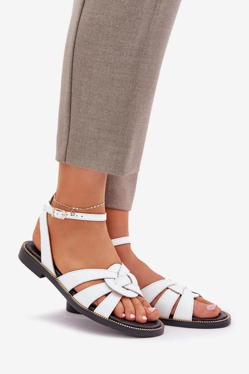 Skórzane Sandały Damskie Na Płaskim Obcasie Zazoo 3688 Białe