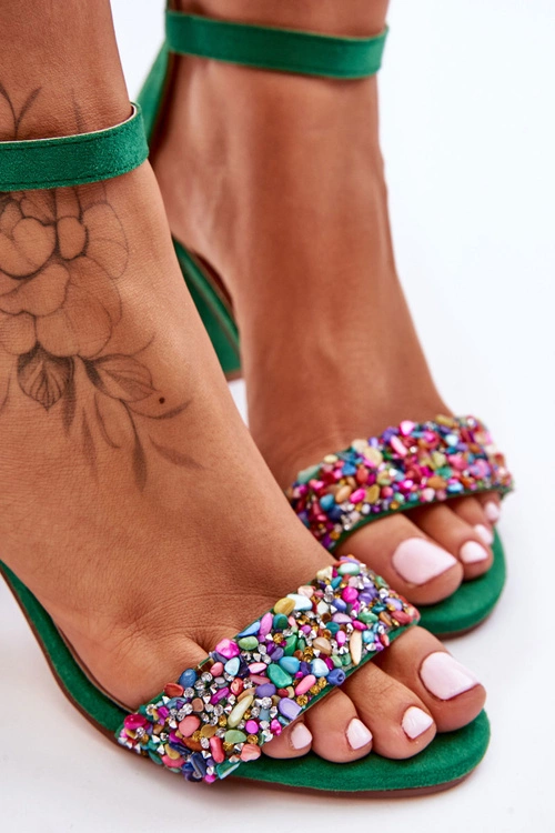 Modne Sandały Na Obcasie Z Ozdobnymi Kamieniami Zielone Love Me