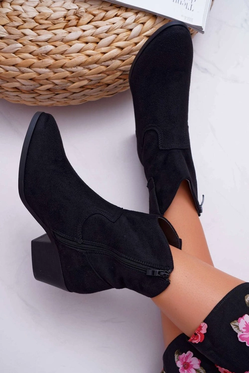 Botki Damskie Płaski Obcas Kowbojki Czarne Telifa