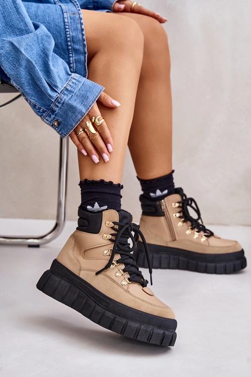 Damskie Ocieplane Botki Trapery Na Platformie Brązowe Jelenia