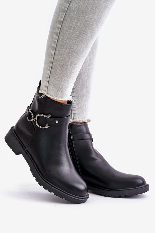 Ocieplane Botki Na Płaskim Obcasie Z Ozdobnym Paskiem Czarne Calzina