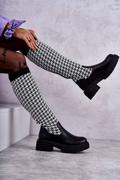 Damskie Kozaki Skarpetkowe W Pepitkę Czarno-Białe Avira