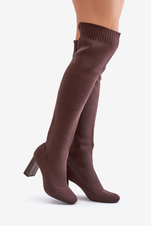Kozaki Ze Skarpetkową Cholewką Za Kolano Na Słupku Brązowe Esanira