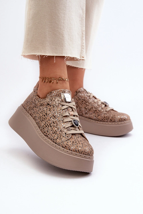 Skórzane Buty Sportowe Na Platformie Maciejka 06191-10 Beżowe