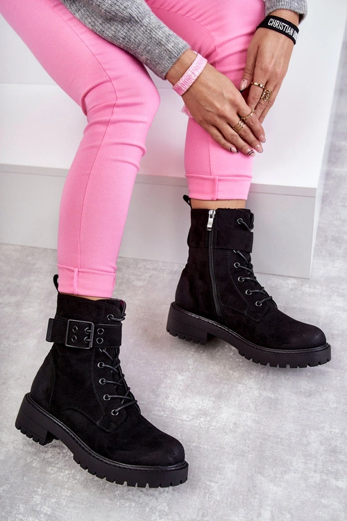 Damskie Botki Zamszowe Sznurowane Na Płaskim Obcasie Czarne Firmina