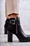 Skórzane Botki Na Obcasie Z Ozdobnym Zamkiem Czarne Rosita