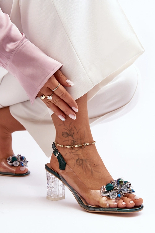 Sandały Zdobione Na Obcasie Ciemnozielone S.Barski MR1037-16