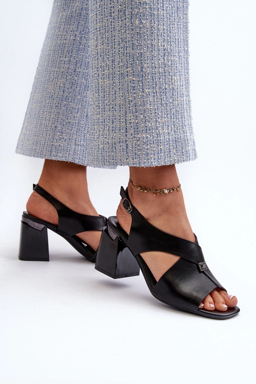 Eleganckie Sandały Damskie Na Obcasie Słupku Eko Skórzane Czarne Asellesa