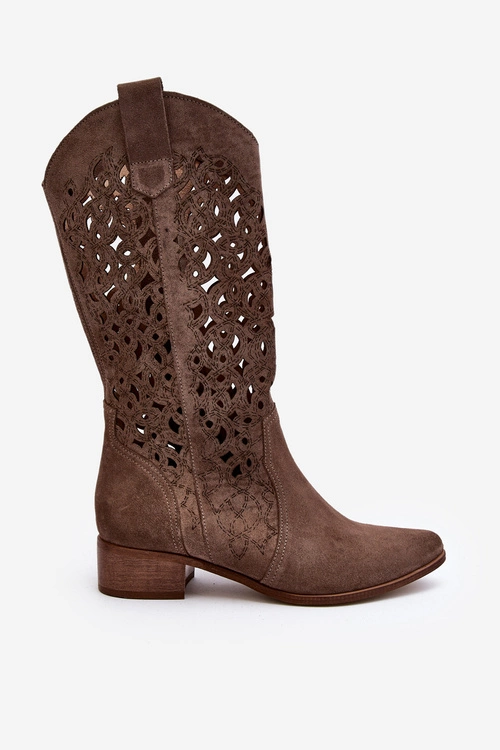 Zazoo 3403 Ażurowe Kozaki Damskie Na Niskim Obcasie Ciemnobeżowe