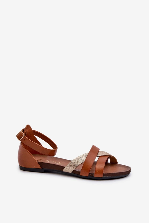 Zazoo 40225 Skórzane Sandały Na Płaskim Obcasie Brązowe