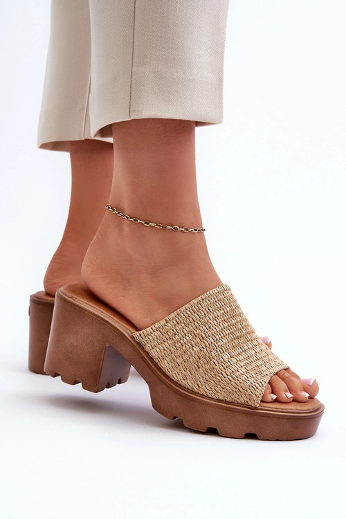 Klapki Damskie z Plecionką Na Obcasie Beżowe Titantha