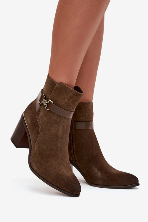 Botki Damskie Z Naturalnego Zamszu Na Słupku Ocieplane Sergio Leone BT25384-S Khaki