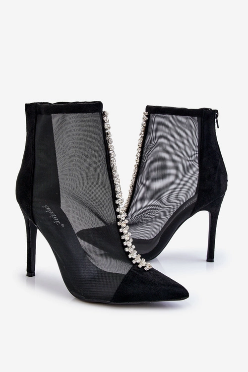 Modne Damskie Botki Na Szpilce Z Siateczką Czarne Rummi