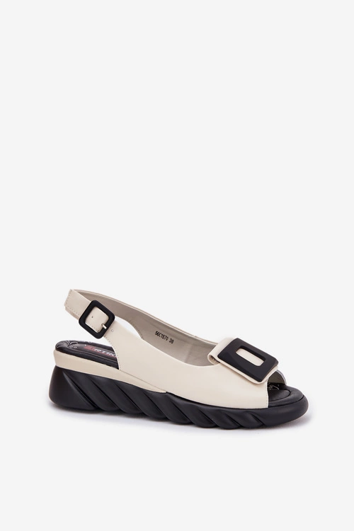 Skórzane Sandały Damskie Na Koturnie z Ozdobą Artiker 56C1570 Beżowe