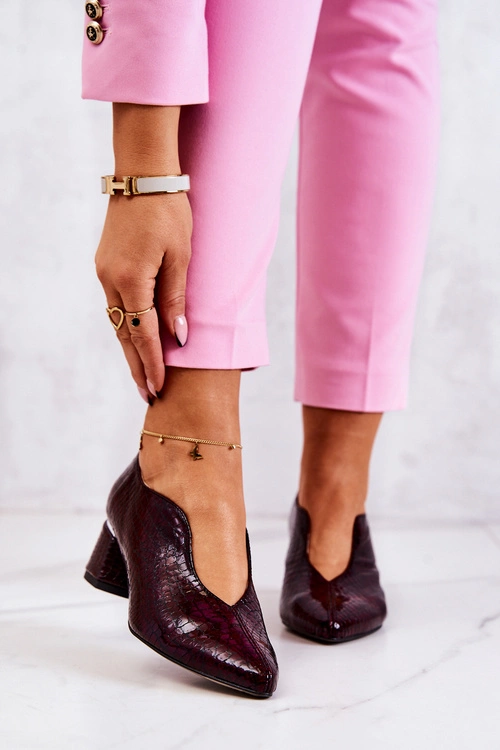 Skórzane Wężowe Czółenka Bordowe Alissa