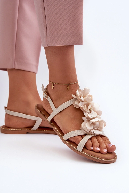 Sandały Damskie Płaskie Ozdobione Kwiatkami Beżowe Abidina