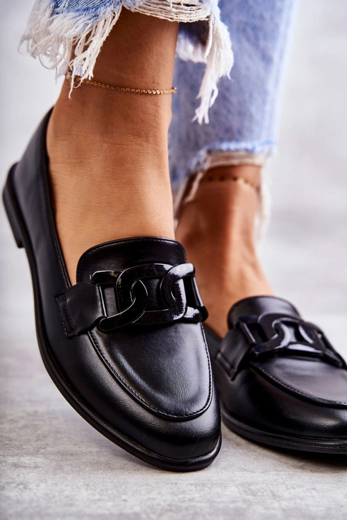 Damskie Skórzane Mokasyny Z Ozdobą Czarne Kerrie