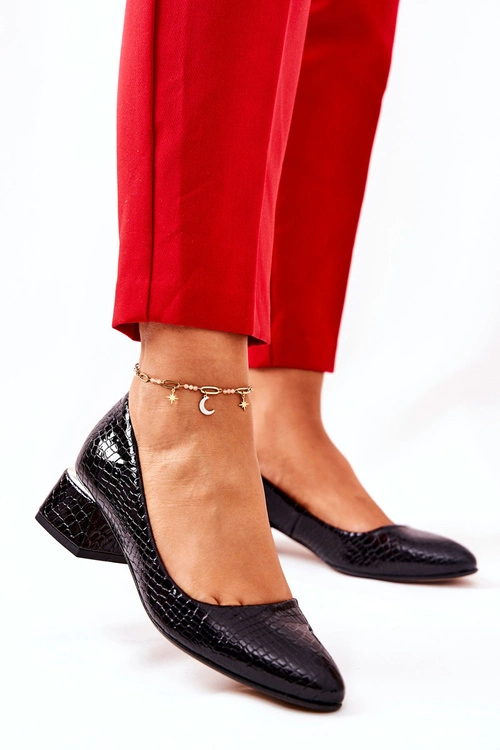 Skórzane Wężowe Czółenka Lewski 3118 Czarne