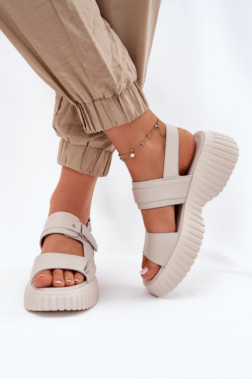 Skórzane Sandały Damskie Na Platformie Beżowe Mertella