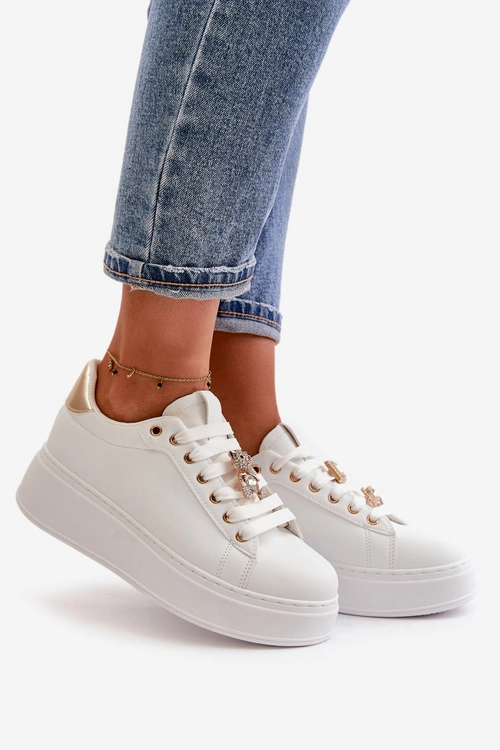 Sneakersy Damskie Na Platformie Z Misiem Białe Vailina