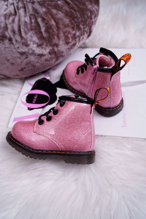 Dziecięce Botki Ocieplane z Suwakiem Lakierowane Brokat Różowe Mistor