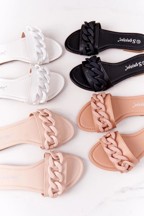 Skórzane Klapki Z Łańcuchem Beżowe Step By Step