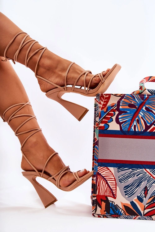 Wiązane Sandały Na Modnym Obcasie Nude Canves