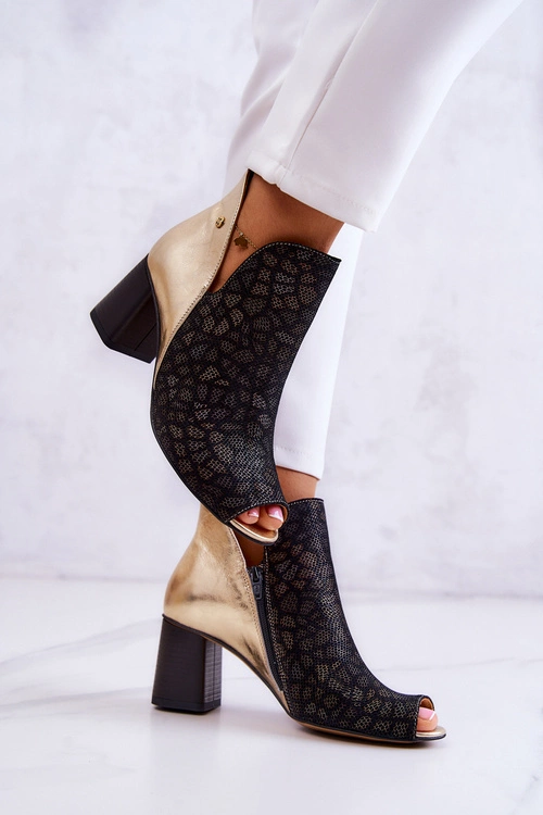 Skórzane Botki Na Słupku Maciejka 05507-01 Czarno-Złote
