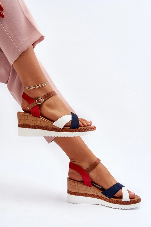 Sandały Na Koturnie Z Paskami Biało-Granatowe Kioda