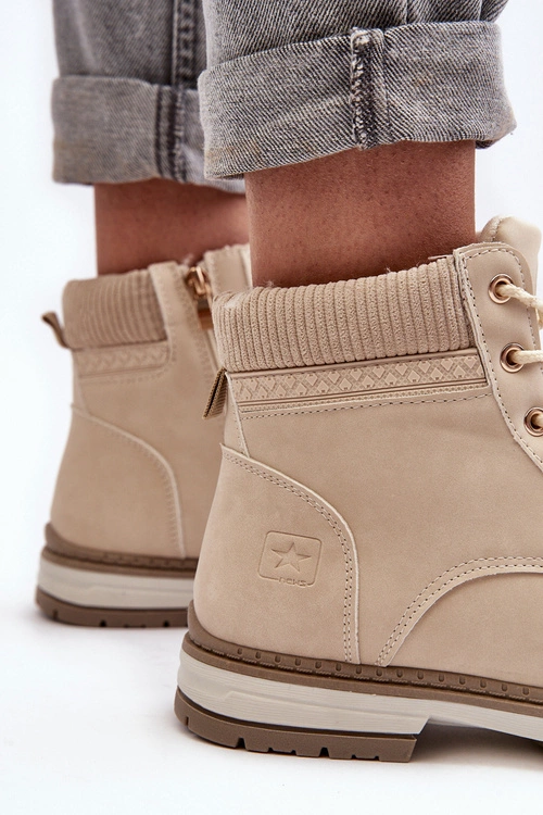 Damskie Skórzane Trapery Ocieplane Beżowe Bimena