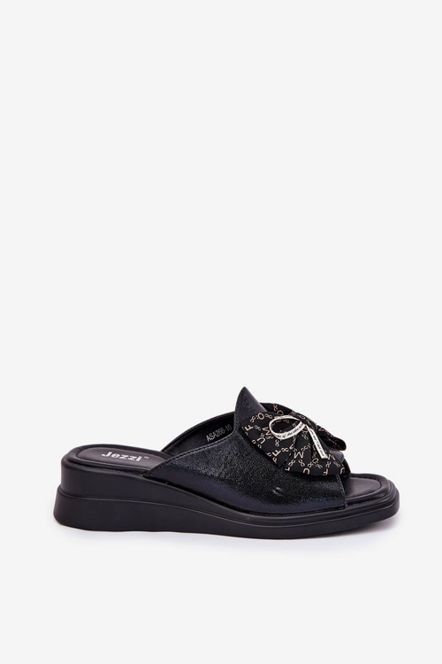 Klapki Damskie Na Koturnie Z Kokardą Czarne Moonzella