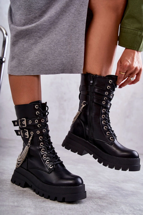 Wysokie Workery Botki Z Łańcuchem Czarne Montero