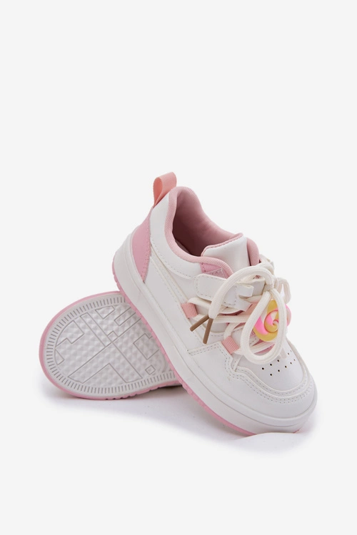 Sneakersy Dziecięce Na Rzep Z Przypinką Lizak Biało-Różowe Odalira