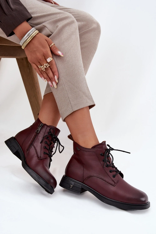 Ocieplane Skórzane Botki Damskie Na Niskim Obcasie Vinceza 39953 Bordowe