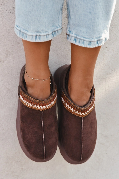 Śniegowce Damskie Niskie Z Ruchomym Paskiem I Haftem Na Platformie Czekoladowe Lyrisse