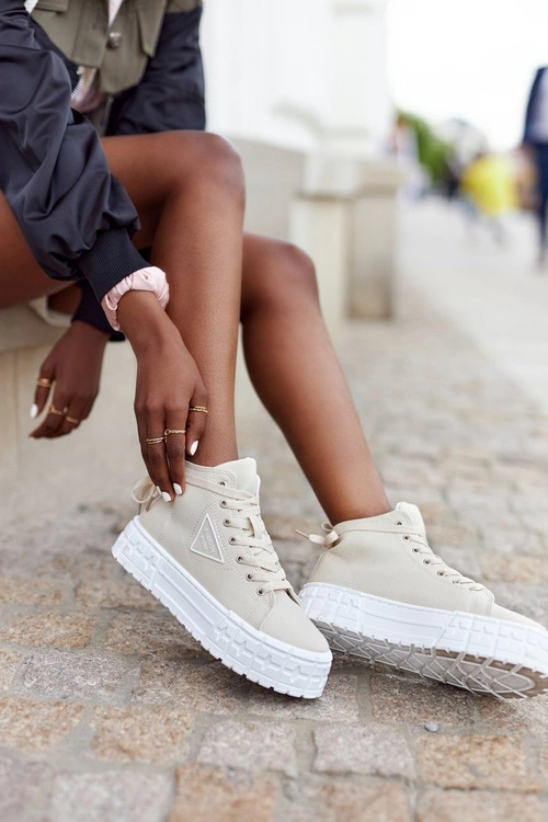 Damskie Wysokie Tenisówki Na Platformie Beżowe Manhattan