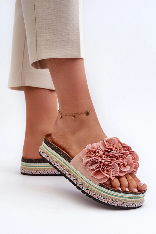 Klapki Damskie Na Platformie Ozdobione Kwiatkami Różowe Nodina