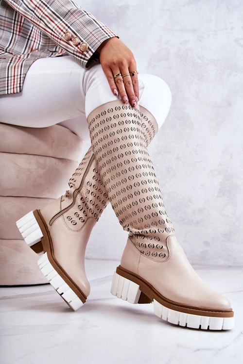 Ażurowe Skórzane Kozaki Na Suwak Beżowe Lativia