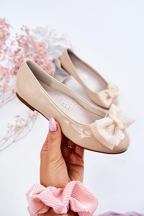 Dziecięce Lakierowane Balerinki Z Kokardą Beżowe Zolly