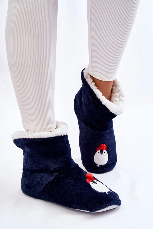 Damskie Wsuwane Ocieplane Papcie Z Pingwinami Granatowe