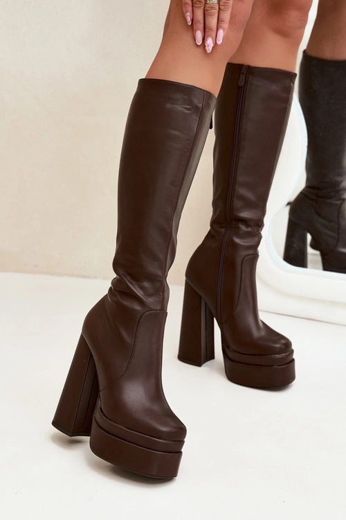 Ocieplane Kozaki Damskie Na Słupku I Platformie Czekoladowe Lysara