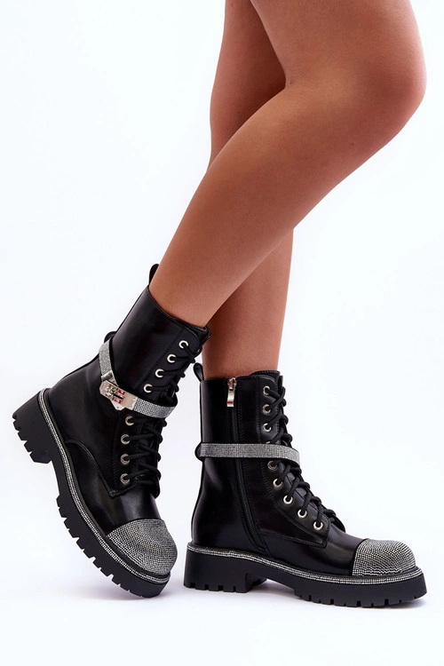 Skórzane Zdobione Botki Workery Damskie Czarne Totah