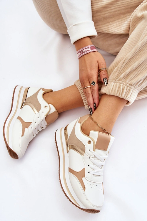 Damskie Modne Buty Sportowe Na Koturnie Biało-Beżowe Yuki